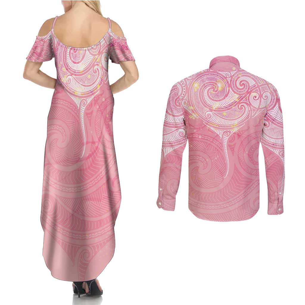Breast Cancer Awareness Maori Aotearoa Couples Matching Summer Maxi Dress and Long Sleeve Button Shirt Manta Ray - Pink Glaze - Aussie Hoodie