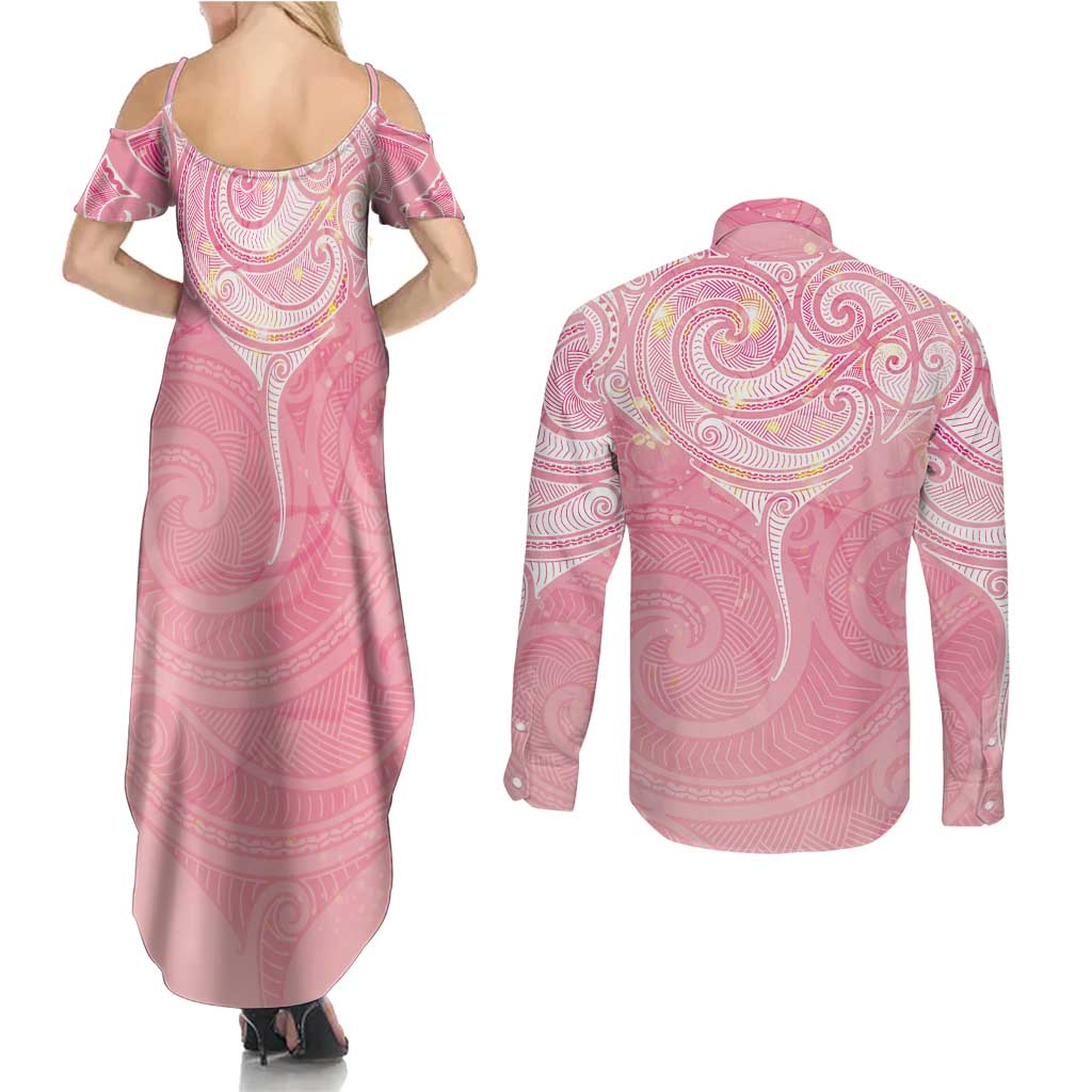 Breast Cancer Awareness Maori Aotearoa Couples Matching Summer Maxi Dress and Long Sleeve Button Shirt Manta Ray - Pink Glaze - Aussie Hoodie