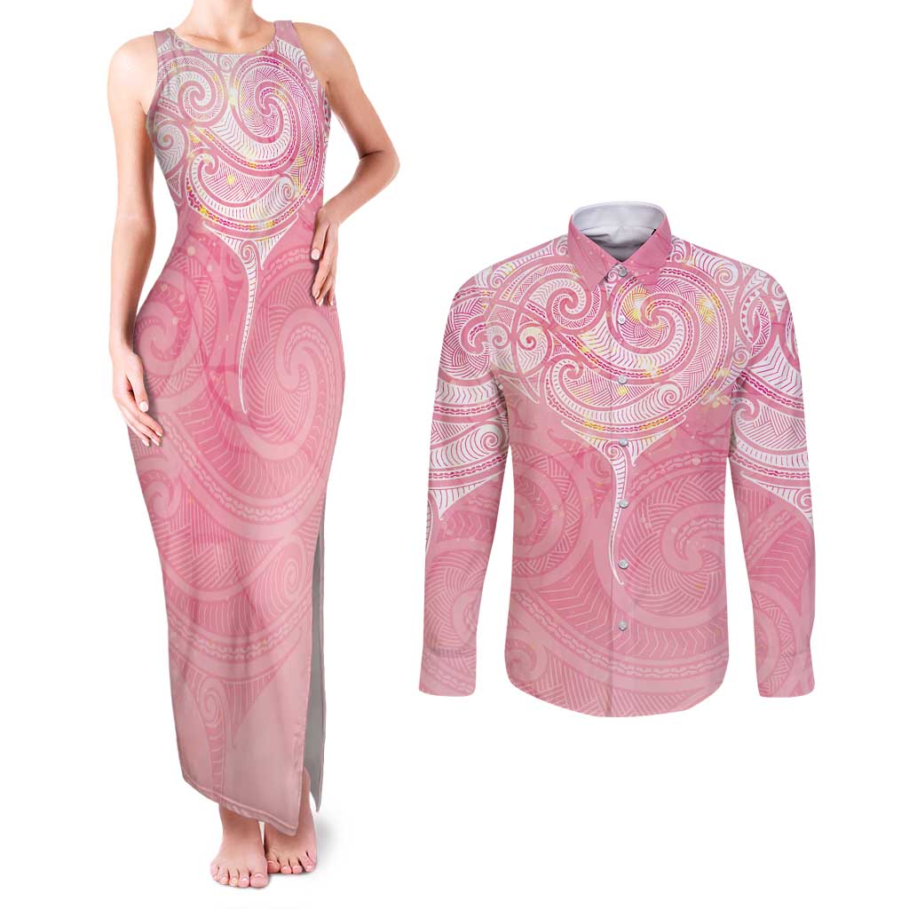 Breast Cancer Awareness Maori Aotearoa Couples Matching Tank Maxi Dress and Long Sleeve Button Shirt Manta Ray - Pink Glaze - Aussie Hoodie