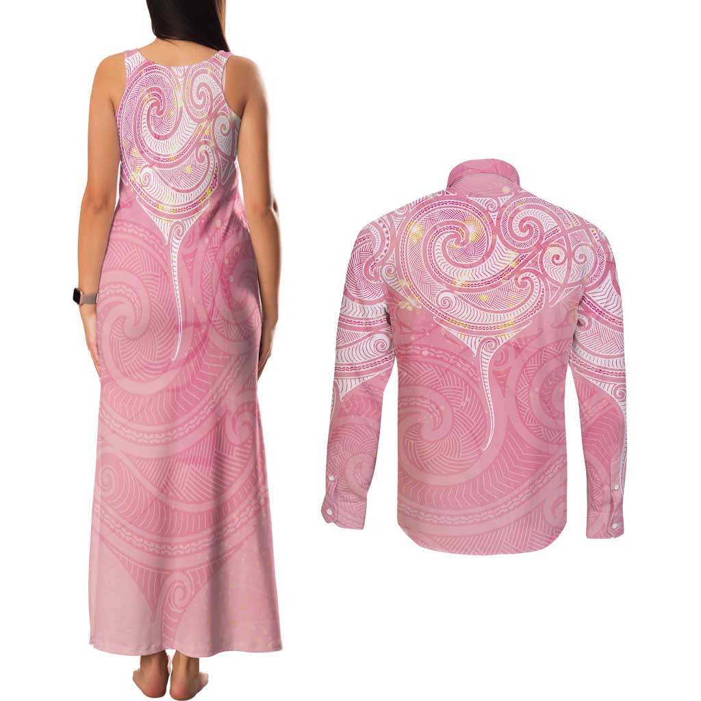 Breast Cancer Awareness Maori Aotearoa Couples Matching Tank Maxi Dress and Long Sleeve Button Shirt Manta Ray - Pink Glaze - Aussie Hoodie