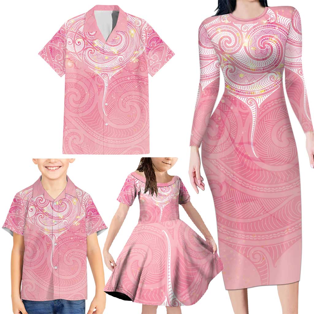 Breast Cancer Awareness Maori Aotearoa Family Matching Long Sleeve Bodycon Dress and Hawaiian Shirt Manta Ray - Pink Glaze - Aussie Hoodie
