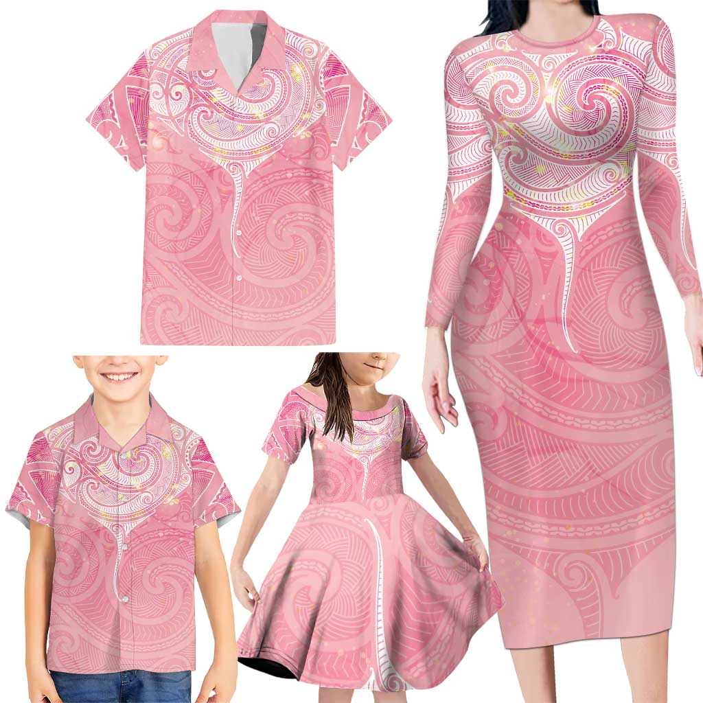 Breast Cancer Awareness Maori Aotearoa Family Matching Long Sleeve Bodycon Dress and Hawaiian Shirt Manta Ray - Pink Glaze - Aussie Hoodie
