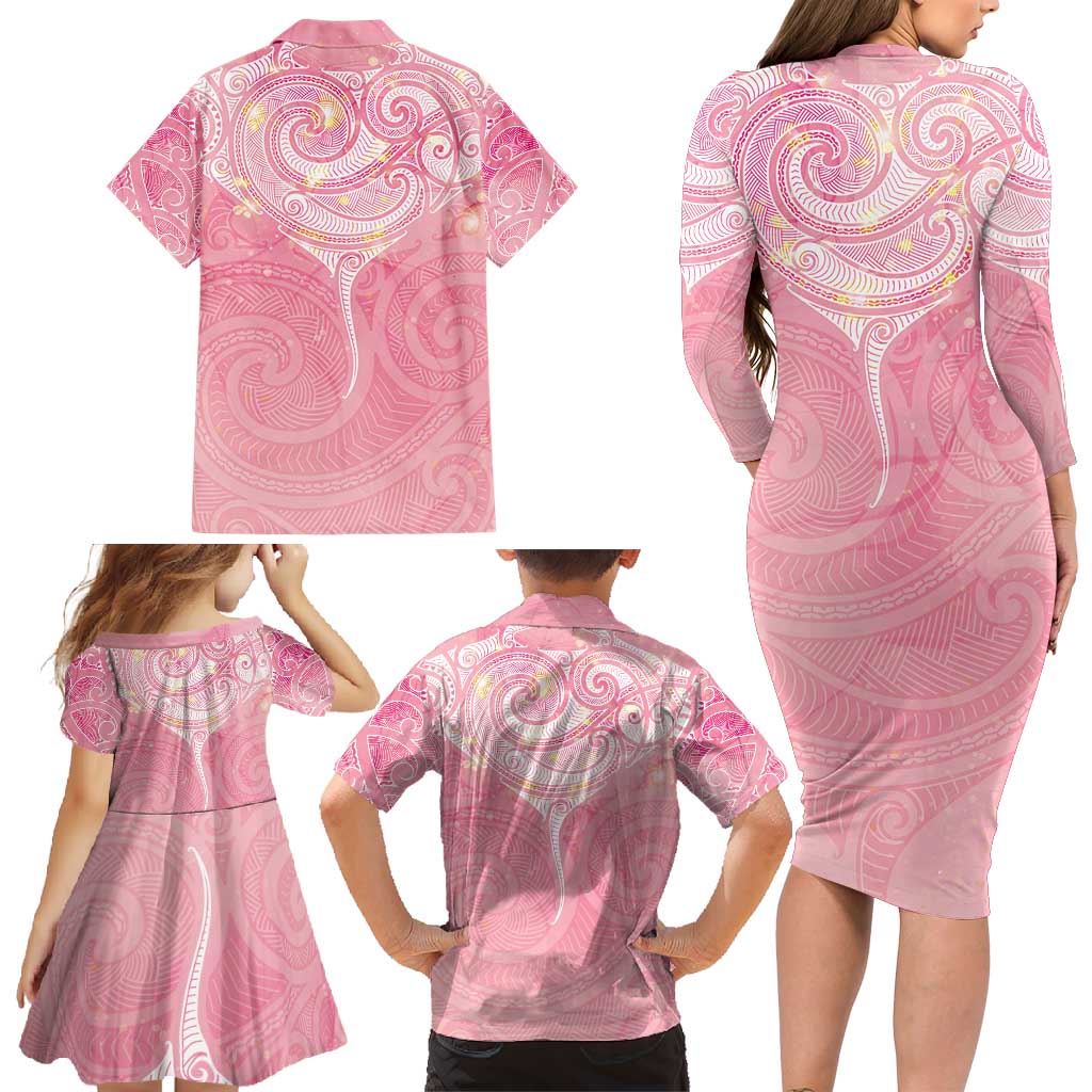 Breast Cancer Awareness Maori Aotearoa Family Matching Long Sleeve Bodycon Dress and Hawaiian Shirt Manta Ray - Pink Glaze - Aussie Hoodie