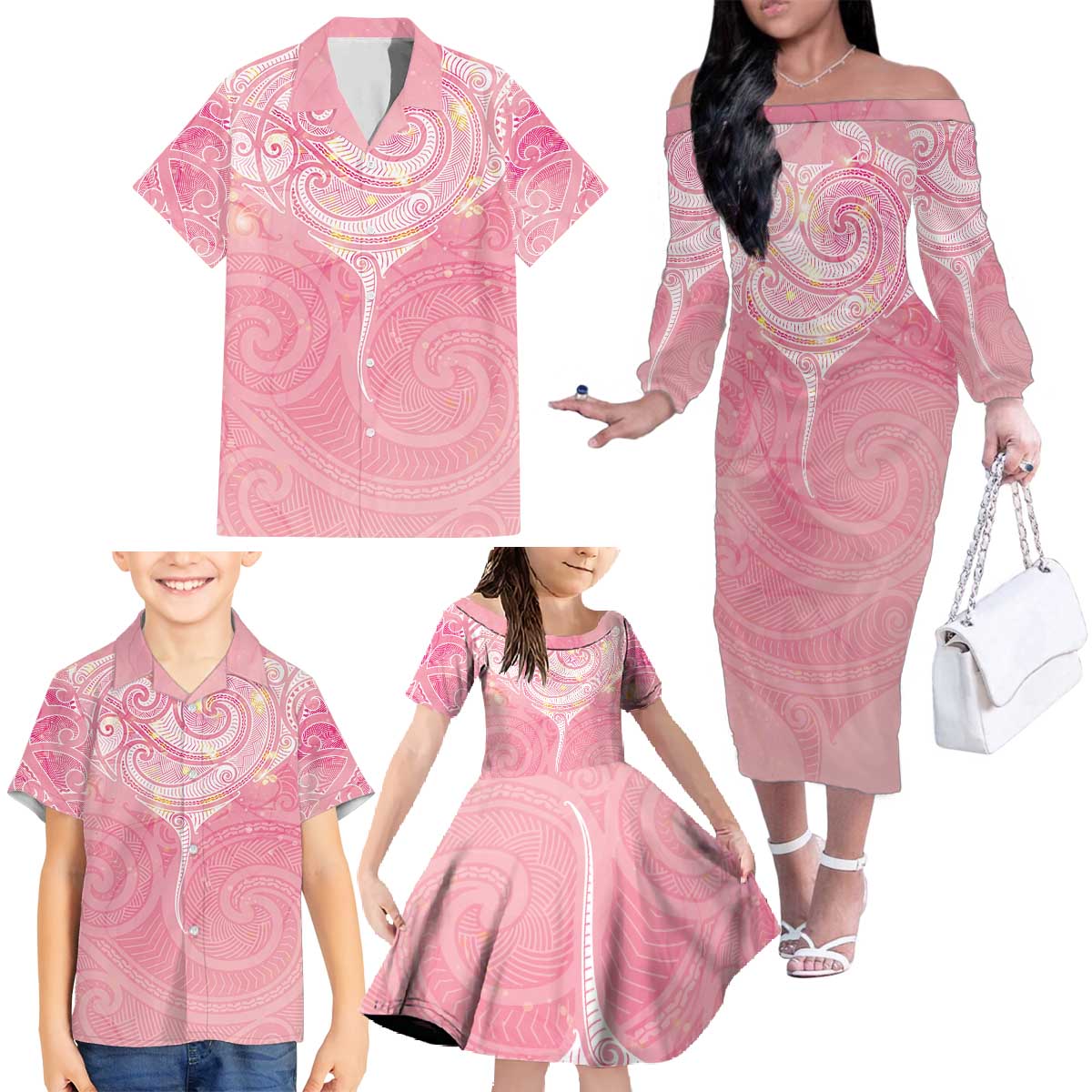 Breast Cancer Awareness Maori Aotearoa Family Matching Off The Shoulder Long Sleeve Dress and Hawaiian Shirt Manta Ray - Pink Glaze - Aussie Hoodie
