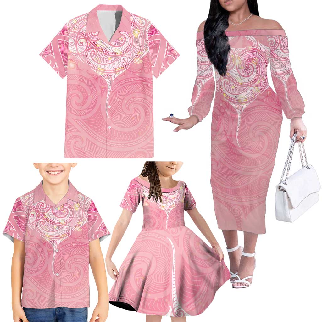 Breast Cancer Awareness Maori Aotearoa Family Matching Off The Shoulder Long Sleeve Dress and Hawaiian Shirt Manta Ray - Pink Glaze - Aussie Hoodie