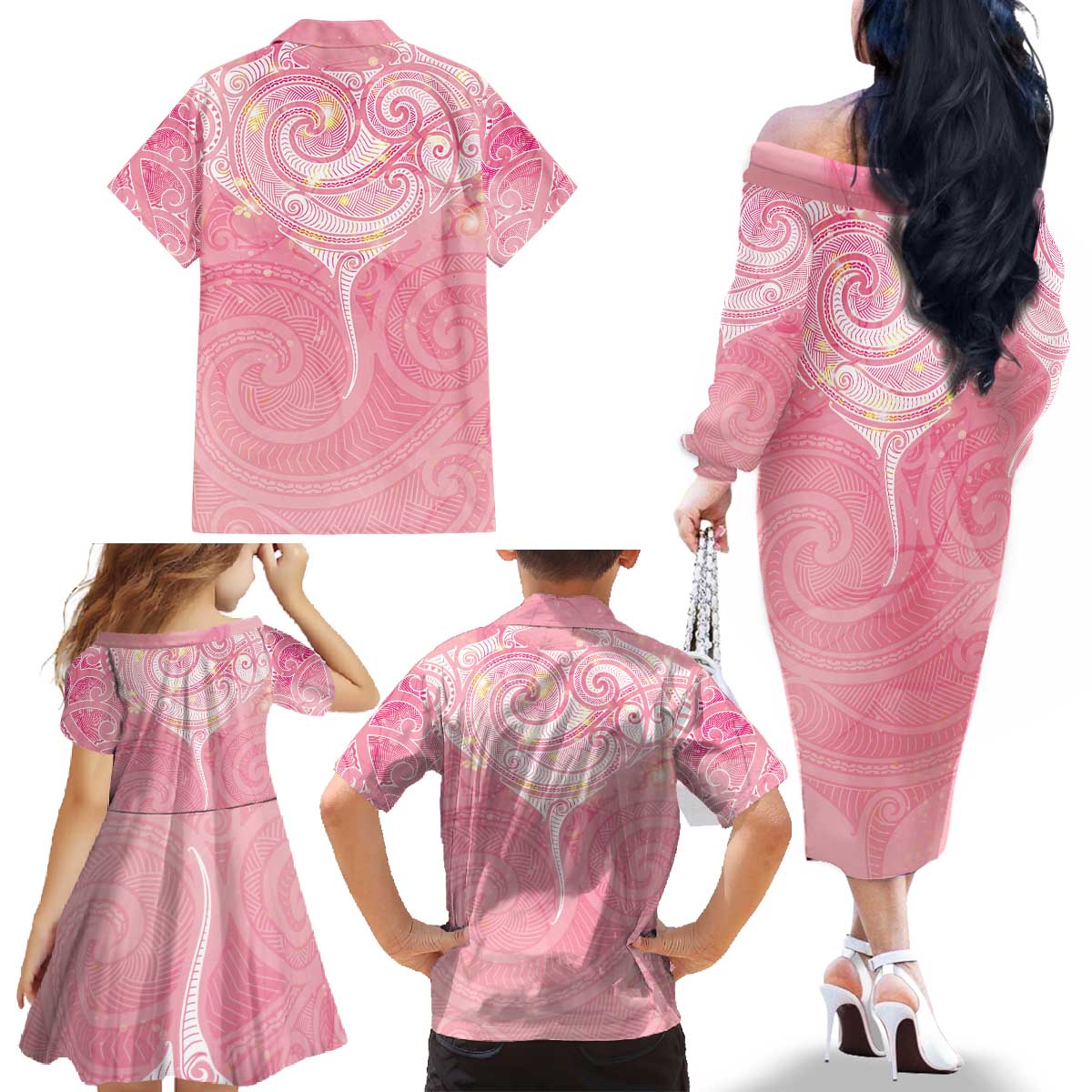 Breast Cancer Awareness Maori Aotearoa Family Matching Off The Shoulder Long Sleeve Dress and Hawaiian Shirt Manta Ray - Pink Glaze - Aussie Hoodie