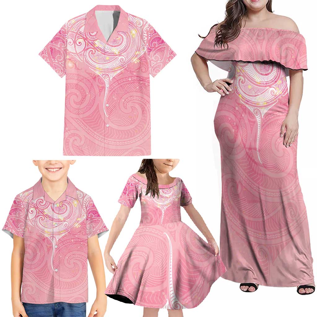Breast Cancer Awareness Maori Aotearoa Family Matching Off Shoulder Maxi Dress and Hawaiian Shirt Manta Ray - Pink Glaze - Aussie Hoodie