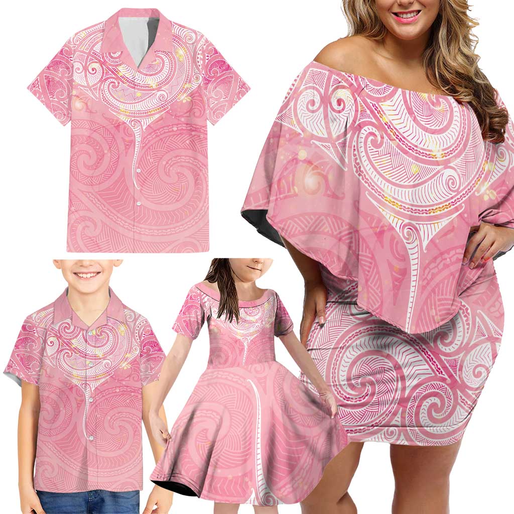 Breast Cancer Awareness Maori Aotearoa Family Matching Off Shoulder Short Dress and Hawaiian Shirt Manta Ray - Pink Glaze - Aussie Hoodie