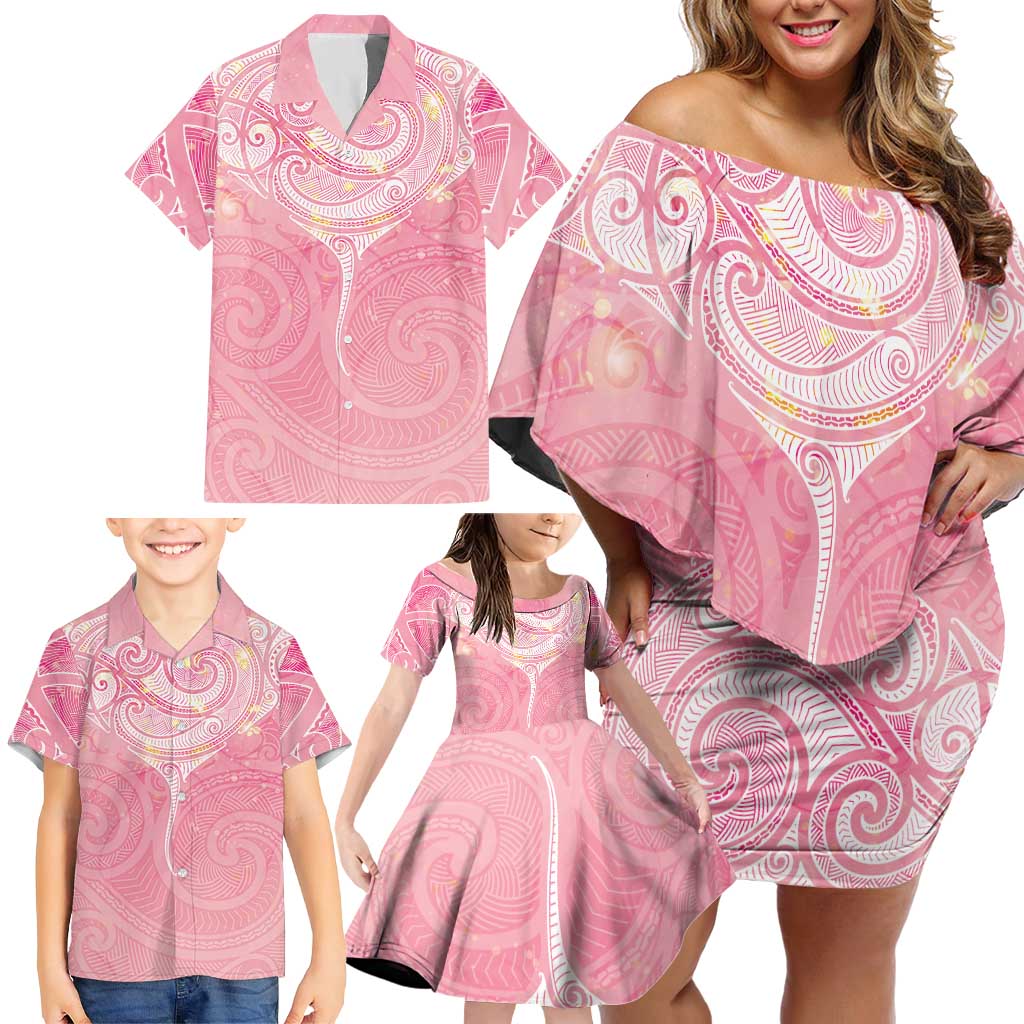 Breast Cancer Awareness Maori Aotearoa Family Matching Off Shoulder Short Dress and Hawaiian Shirt Manta Ray - Pink Glaze - Aussie Hoodie