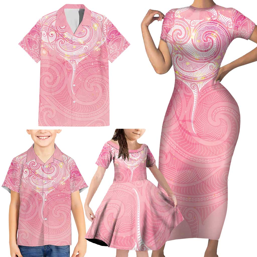 Breast Cancer Awareness Maori Aotearoa Family Matching Short Sleeve Bodycon Dress and Hawaiian Shirt Manta Ray - Pink Glaze - Aussie Hoodie