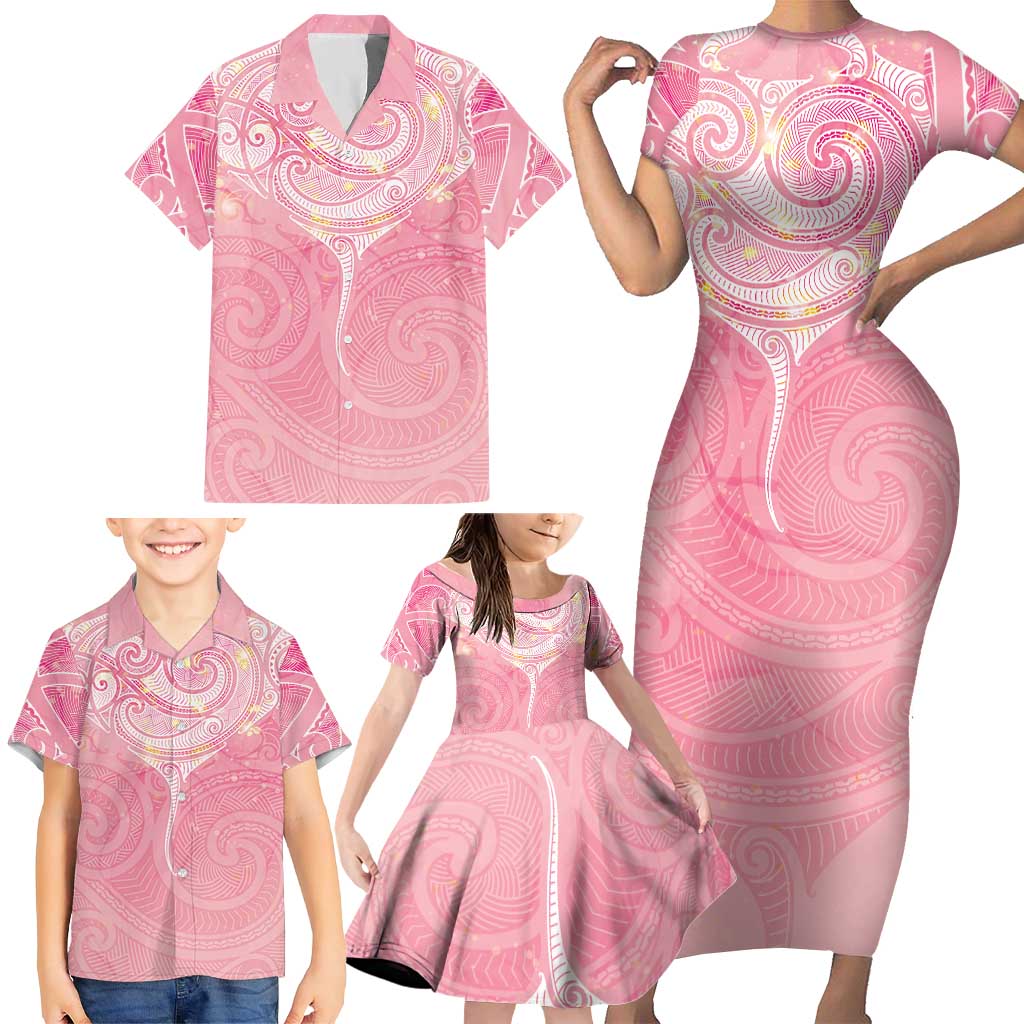 Breast Cancer Awareness Maori Aotearoa Family Matching Short Sleeve Bodycon Dress and Hawaiian Shirt Manta Ray - Pink Glaze - Aussie Hoodie