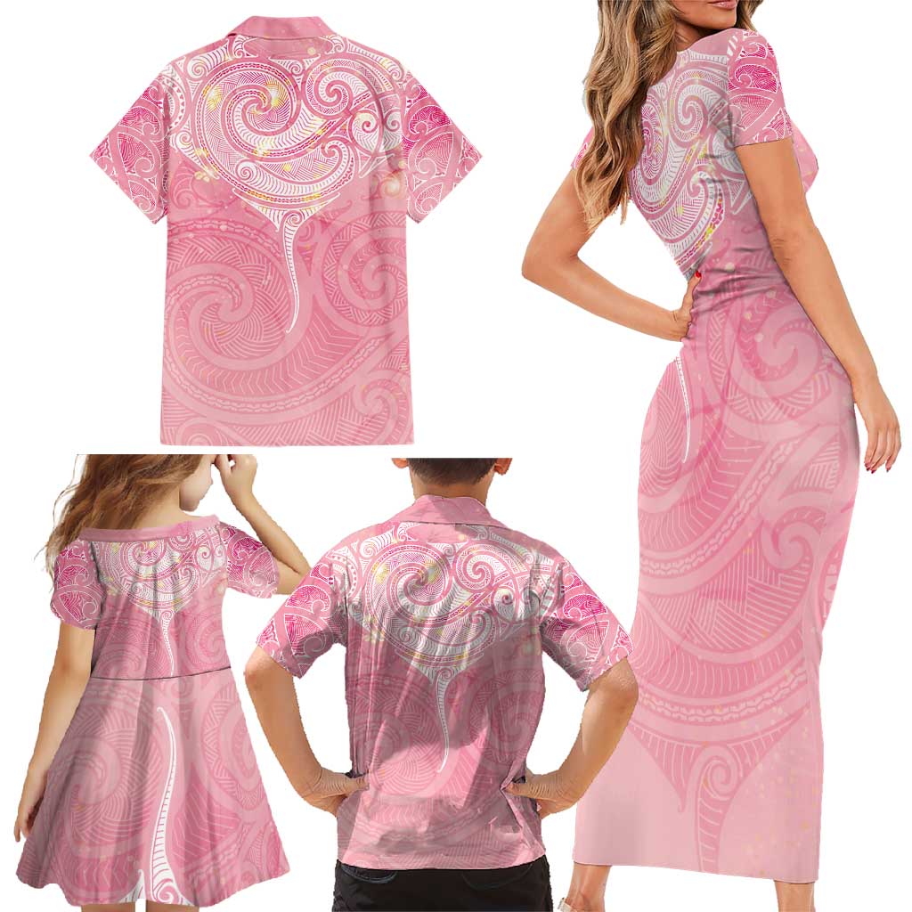 Breast Cancer Awareness Maori Aotearoa Family Matching Short Sleeve Bodycon Dress and Hawaiian Shirt Manta Ray - Pink Glaze - Aussie Hoodie