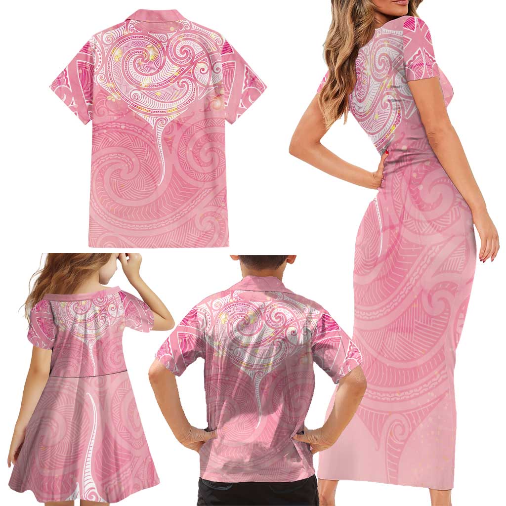 Breast Cancer Awareness Maori Aotearoa Family Matching Short Sleeve Bodycon Dress and Hawaiian Shirt Manta Ray - Pink Glaze - Aussie Hoodie