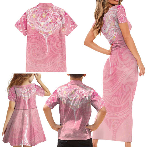 Breast Cancer Awareness Maori Aotearoa Family Matching Short Sleeve Bodycon Dress and Hawaiian Shirt Manta Ray - Pink Glaze - Aussie Hoodie