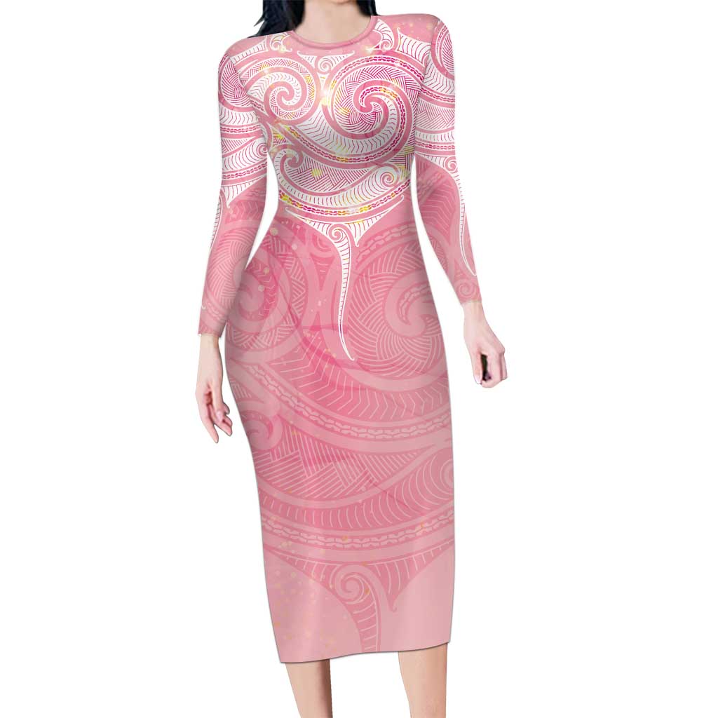 Breast Cancer Awareness Maori Aotearoa Long Sleeve Bodycon Dress Manta Ray - Pink Glaze - Aussie Hoodie