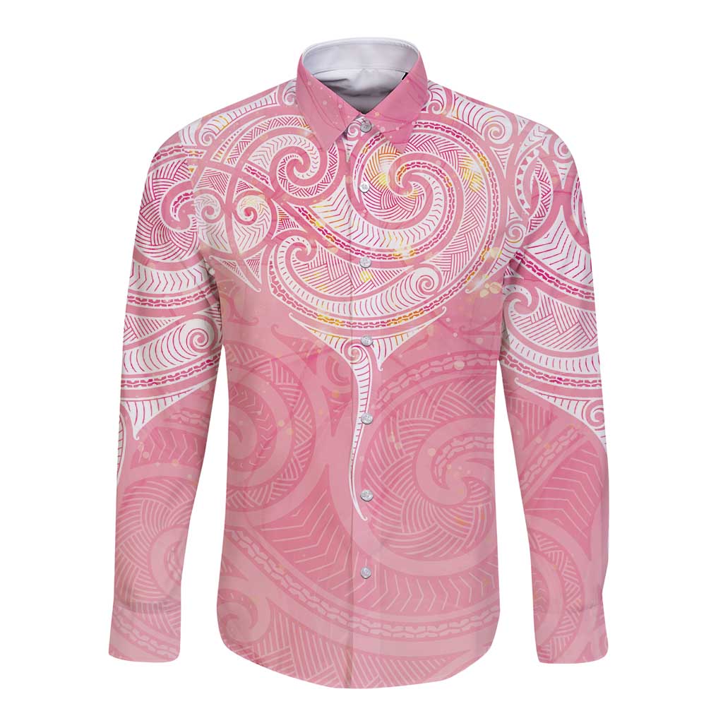 Breast Cancer Awareness Maori Aotearoa Long Sleeve Button Shirt Manta Ray - Pink Glaze - Aussie Hoodie