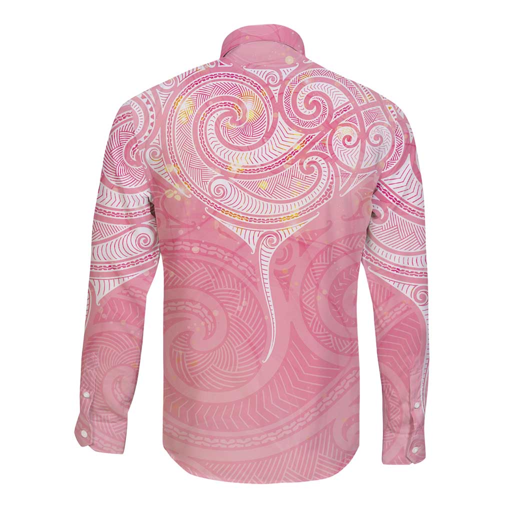 Breast Cancer Awareness Maori Aotearoa Long Sleeve Button Shirt Manta Ray - Pink Glaze - Aussie Hoodie
