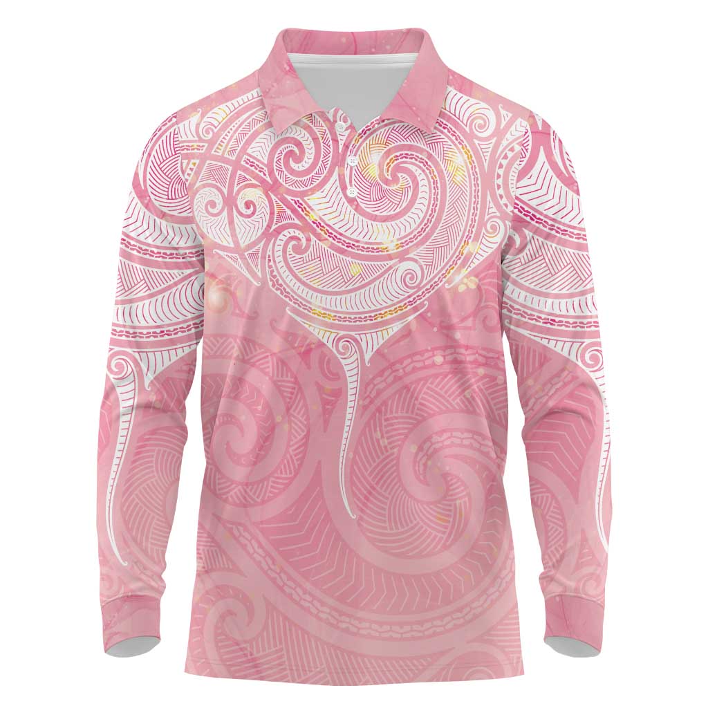 Breast Cancer Awareness Maori Aotearoa Long Sleeve Polo Shirt Manta Ray - Pink Glaze - Aussie Hoodie