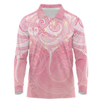 Breast Cancer Awareness Maori Aotearoa Long Sleeve Polo Shirt Manta Ray - Pink Glaze - Aussie Hoodie