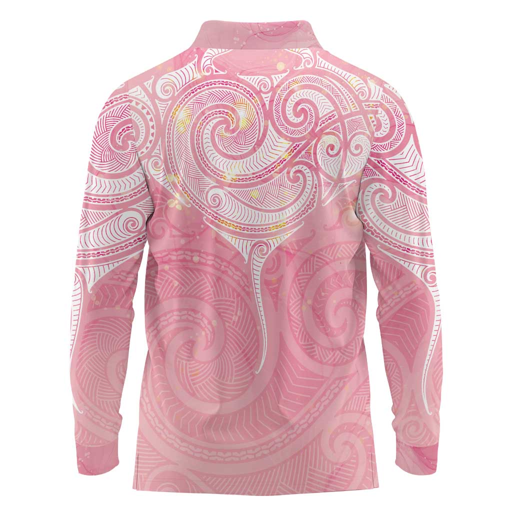 Breast Cancer Awareness Maori Aotearoa Long Sleeve Polo Shirt Manta Ray - Pink Glaze - Aussie Hoodie