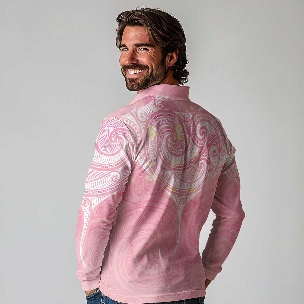 Breast Cancer Awareness Maori Aotearoa Long Sleeve Polo Shirt Manta Ray - Pink Glaze - Aussie Hoodie