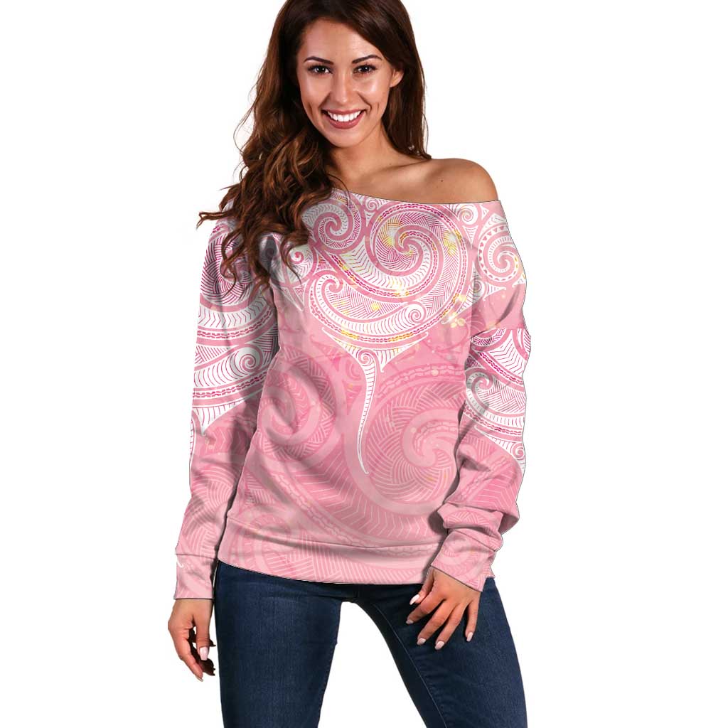 Breast Cancer Awareness Maori Aotearoa Off Shoulder Sweater Manta Ray - Pink Glaze - Aussie Hoodie