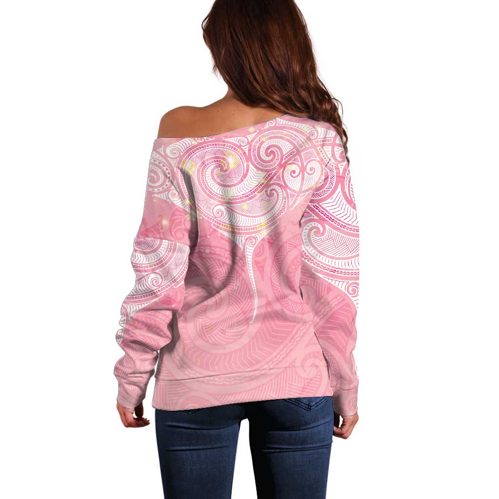 Breast Cancer Awareness Maori Aotearoa Off Shoulder Sweater Manta Ray - Pink Glaze - Aussie Hoodie