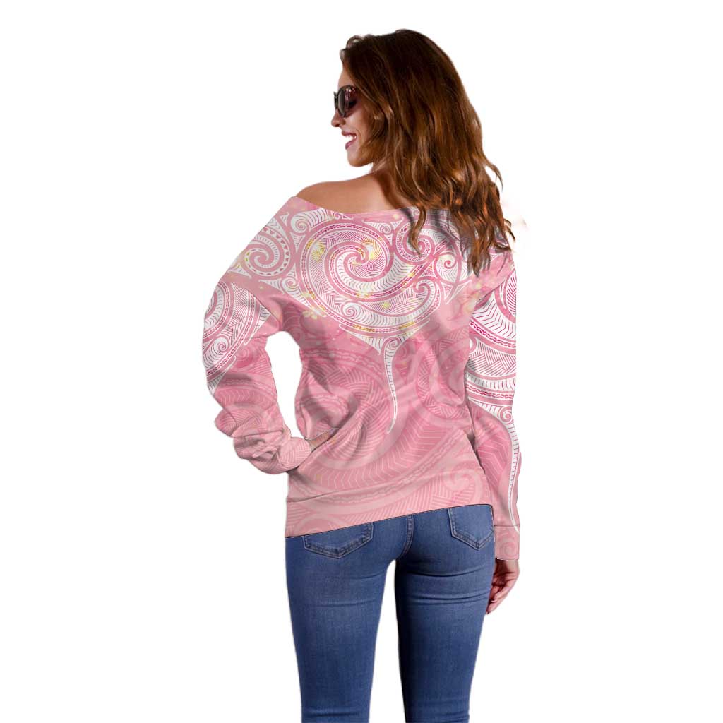 Breast Cancer Awareness Maori Aotearoa Off Shoulder Sweater Manta Ray - Pink Glaze - Aussie Hoodie
