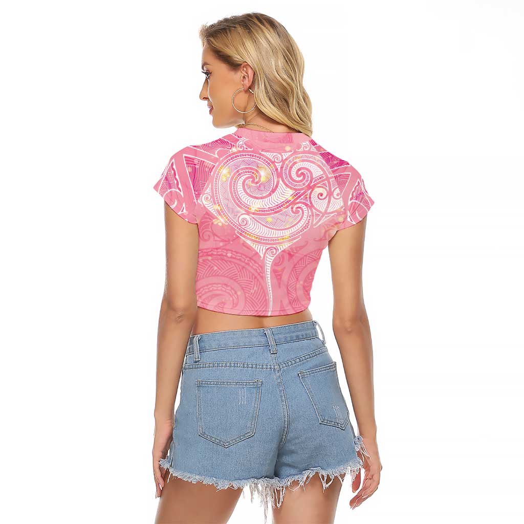 Breast Cancer Awareness Maori Aotearoa Raglan Cropped T Shirt Manta Ray - Pink Glaze - Aussie Hoodie