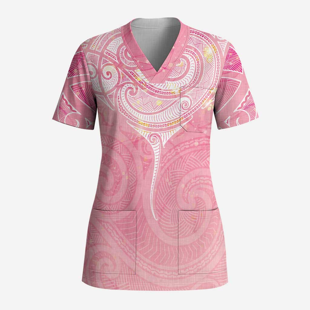 Breast Cancer Awareness Maori Aotearoa Scrub Top Manta Ray - Pink Glaze - Aussie Hoodie