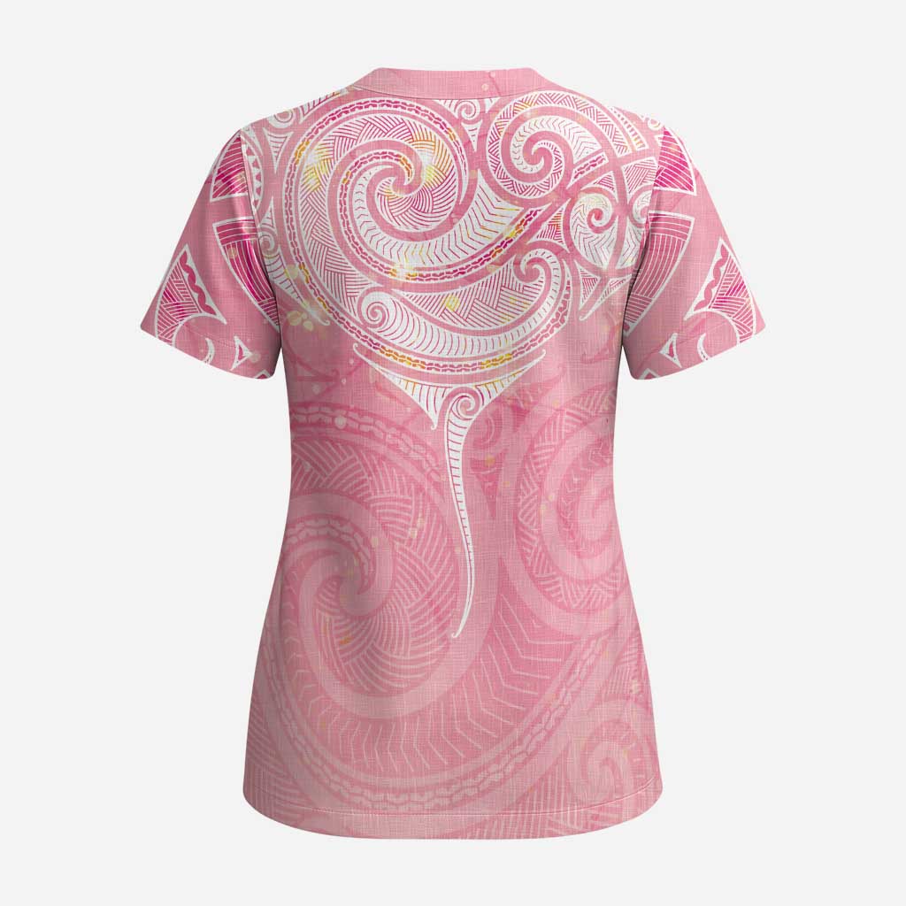 Breast Cancer Awareness Maori Aotearoa Scrub Top Manta Ray - Pink Glaze - Aussie Hoodie