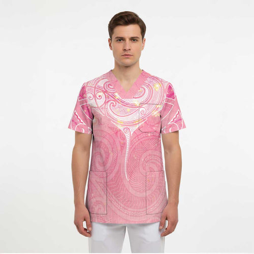 Breast Cancer Awareness Maori Aotearoa Scrub Top Manta Ray - Pink Glaze - Aussie Hoodie