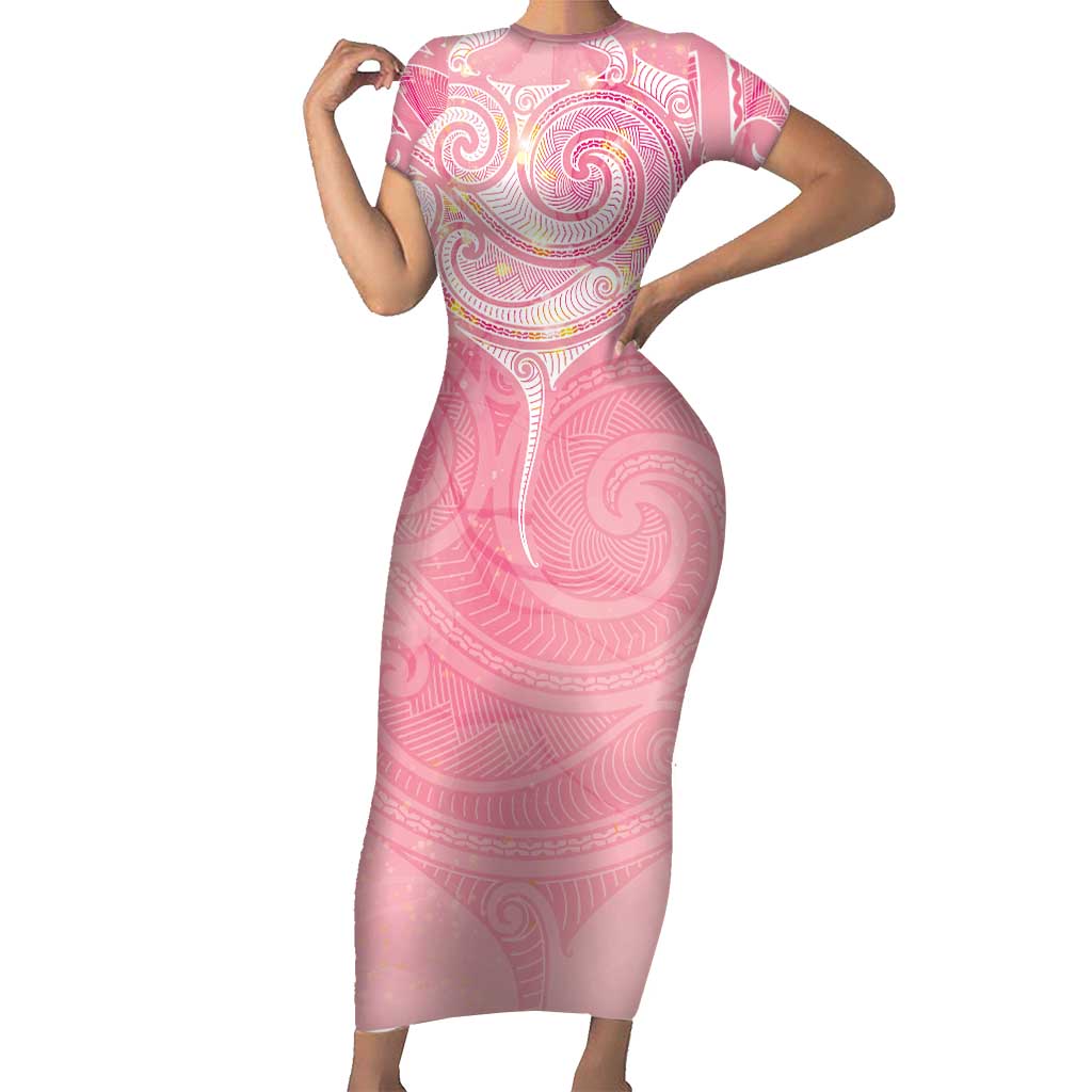 Breast Cancer Awareness Maori Aotearoa Short Sleeve Bodycon Dress Manta Ray - Pink Glaze - Aussie Hoodie