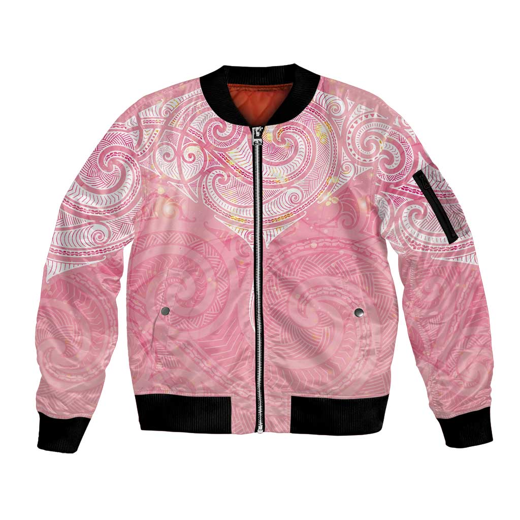 Breast Cancer Awareness Maori Aotearoa Sleeve Zip Bomber Jacket Manta Ray - Pink Glaze - Aussie Hoodie
