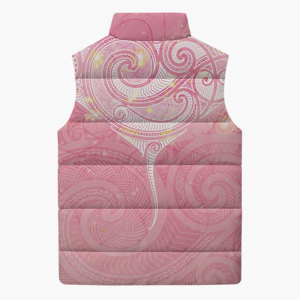 Breast Cancer Awareness Maori Aotearoa Sleeveless Puffer Jacket Manta Ray - Pink Glaze - Aussie Hoodie