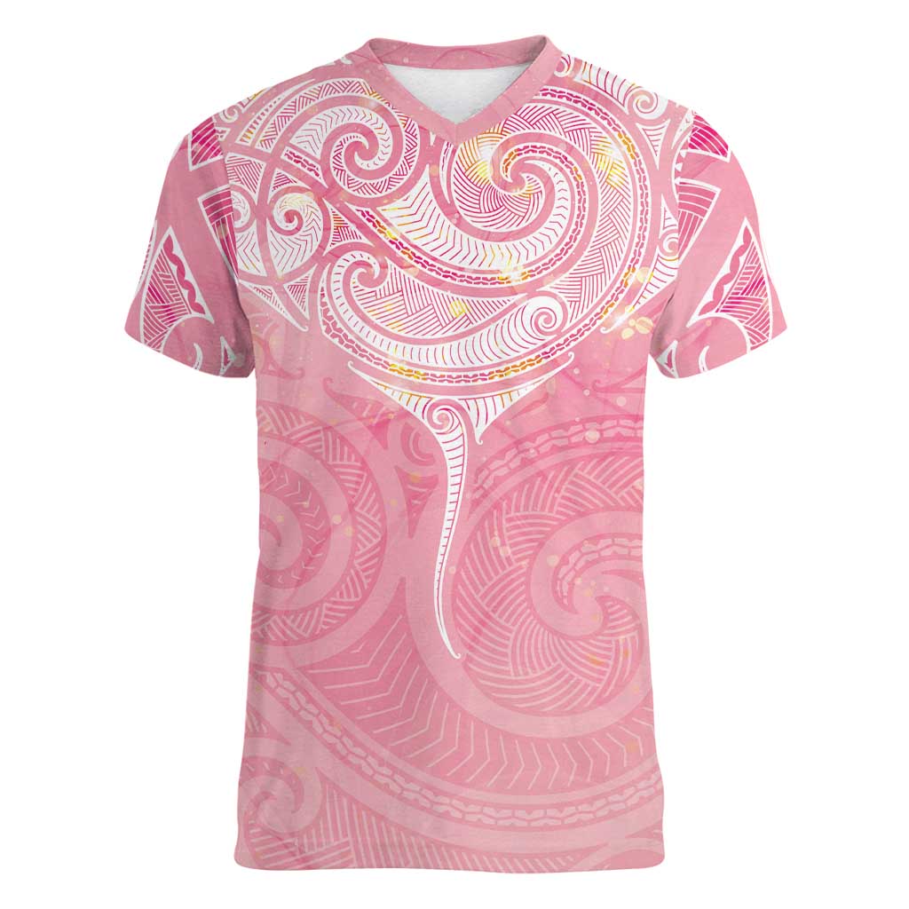 Breast Cancer Awareness Maori Aotearoa Women V-Neck T-Shirt Manta Ray - Pink Glaze - Aussie Hoodie