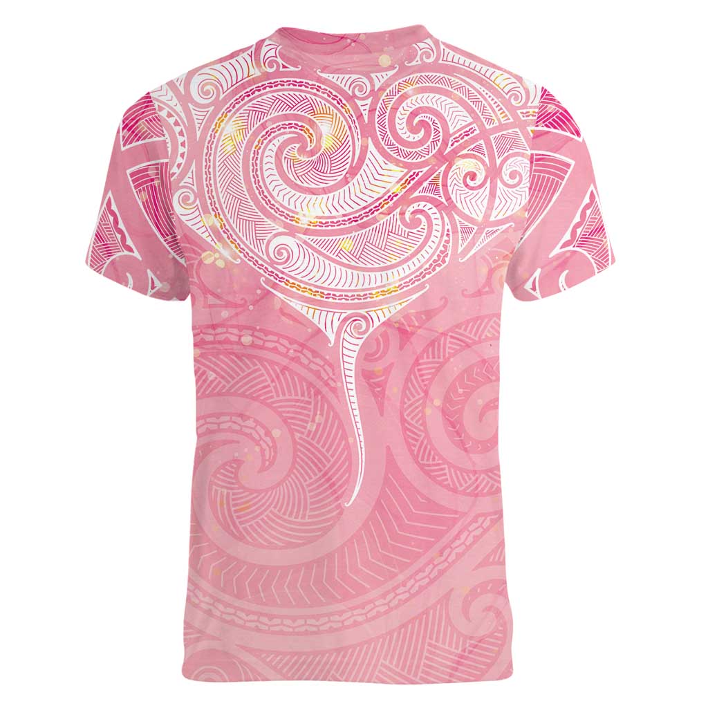 Breast Cancer Awareness Maori Aotearoa Women V-Neck T-Shirt Manta Ray - Pink Glaze - Aussie Hoodie