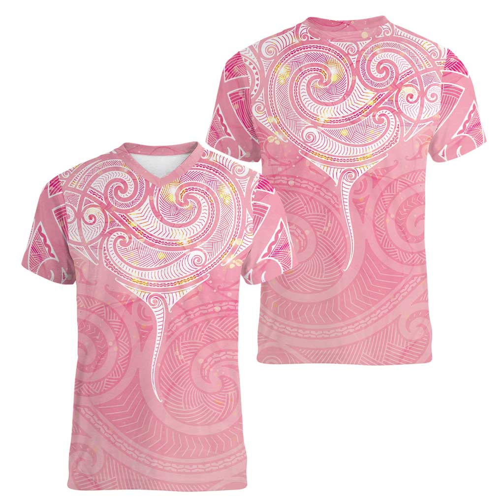Breast Cancer Awareness Maori Aotearoa Women V-Neck T-Shirt Manta Ray - Pink Glaze - Aussie Hoodie