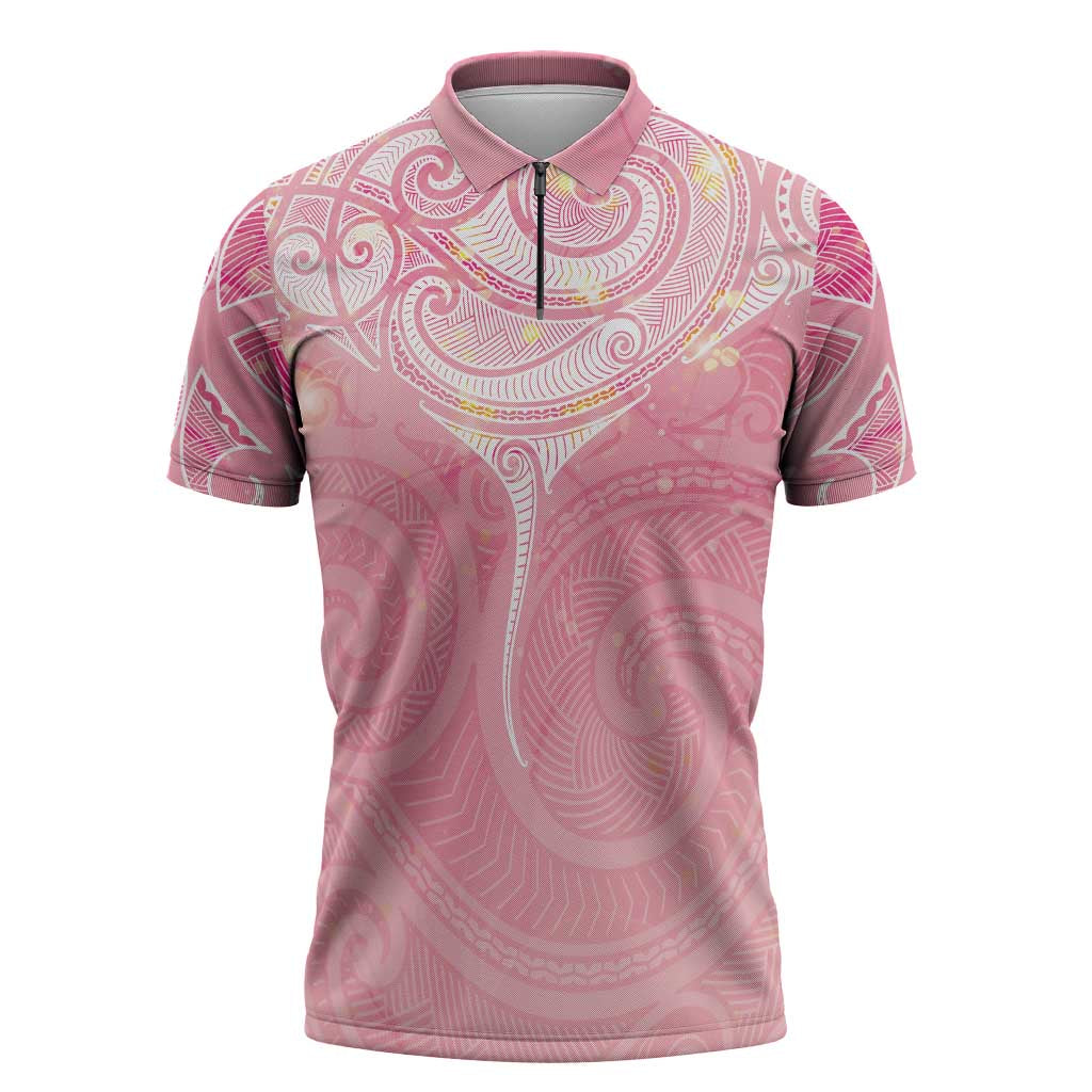 Breast Cancer Awareness Maori Aotearoa Zipper Polo Shirt Manta Ray - Pink Glaze - Aussie Hoodie