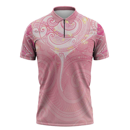 Breast Cancer Awareness Maori Aotearoa Zipper Polo Shirt Manta Ray - Pink Glaze - Aussie Hoodie