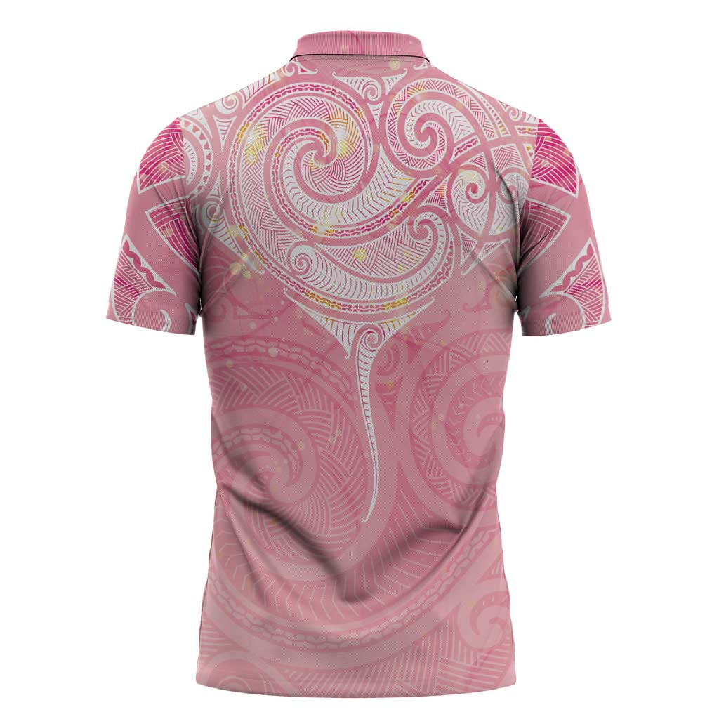 Breast Cancer Awareness Maori Aotearoa Zipper Polo Shirt Manta Ray - Pink Glaze - Aussie Hoodie