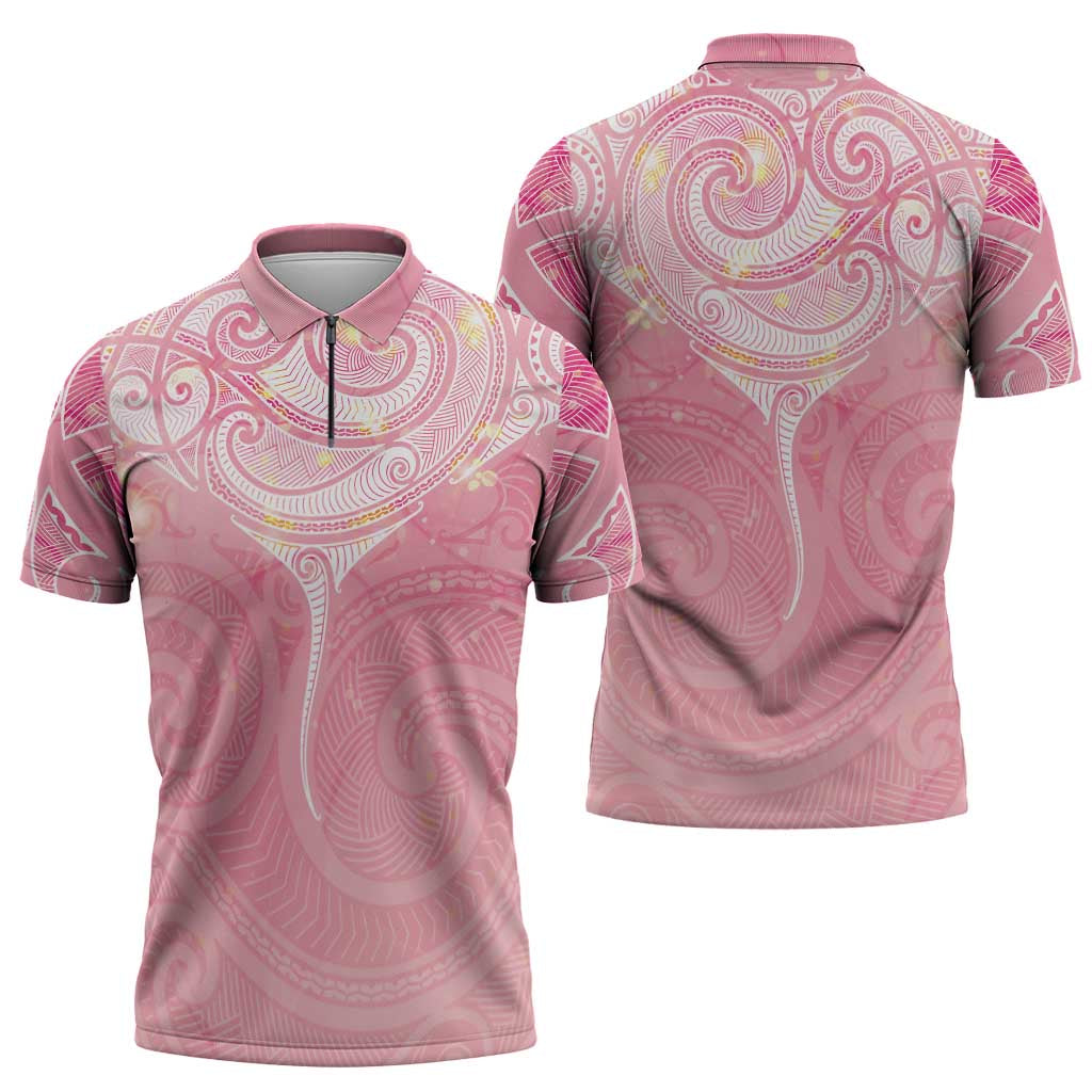 Breast Cancer Awareness Maori Aotearoa Zipper Polo Shirt Manta Ray - Pink Glaze - Aussie Hoodie