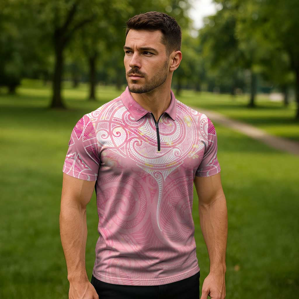 Breast Cancer Awareness Maori Aotearoa Zipper Polo Shirt Manta Ray - Pink Glaze - Aussie Hoodie
