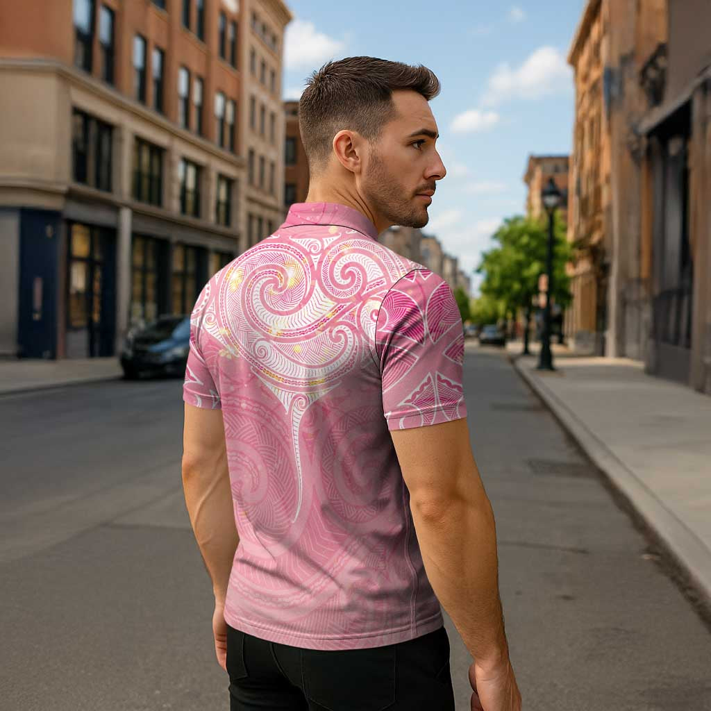 Breast Cancer Awareness Maori Aotearoa Zipper Polo Shirt Manta Ray - Pink Glaze - Aussie Hoodie