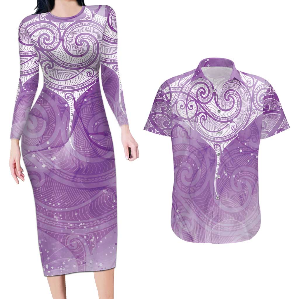 Epilepsy Awareness Maori Aotearoa Couples Matching Long Sleeve Bodycon Dress and Hawaiian Shirt Manta Ray - Purple Glaze - Aussie Hoodie