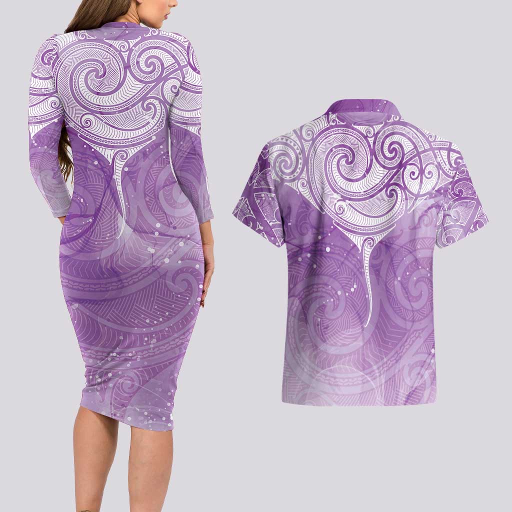 Epilepsy Awareness Maori Aotearoa Couples Matching Long Sleeve Bodycon Dress and Hawaiian Shirt Manta Ray - Purple Glaze - Aussie Hoodie