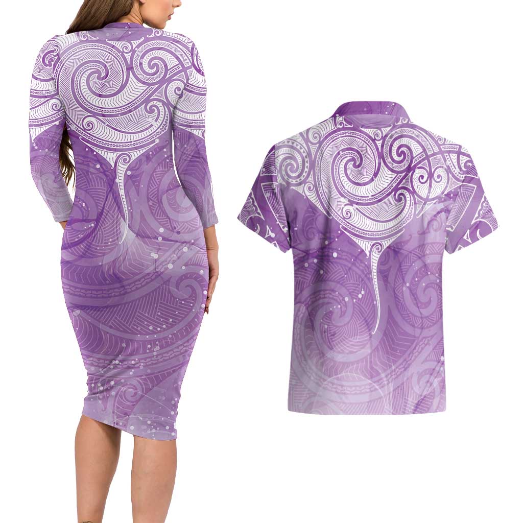 Epilepsy Awareness Maori Aotearoa Couples Matching Long Sleeve Bodycon Dress and Hawaiian Shirt Manta Ray - Purple Glaze - Aussie Hoodie
