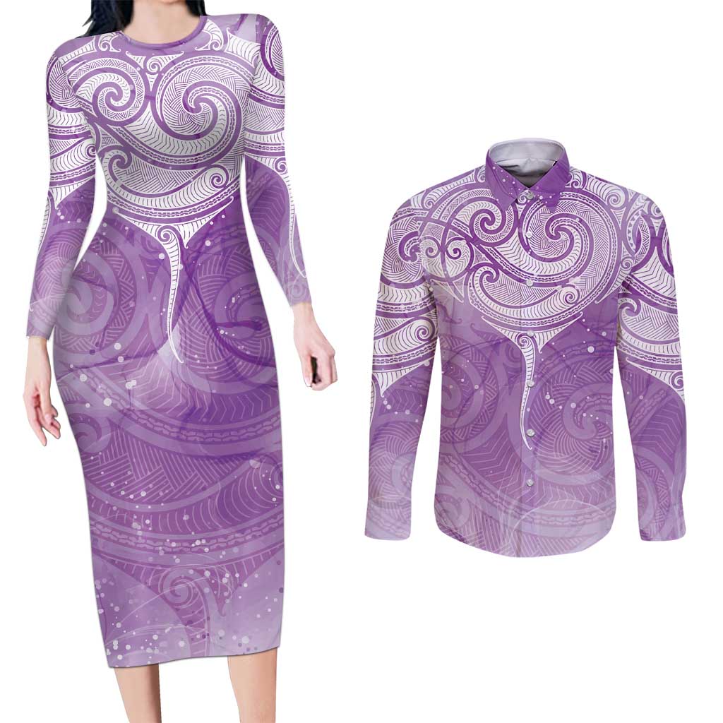Epilepsy Awareness Maori Aotearoa Couples Matching Long Sleeve Bodycon Dress and Long Sleeve Button Shirt Manta Ray - Purple Glaze - Aussie Hoodie