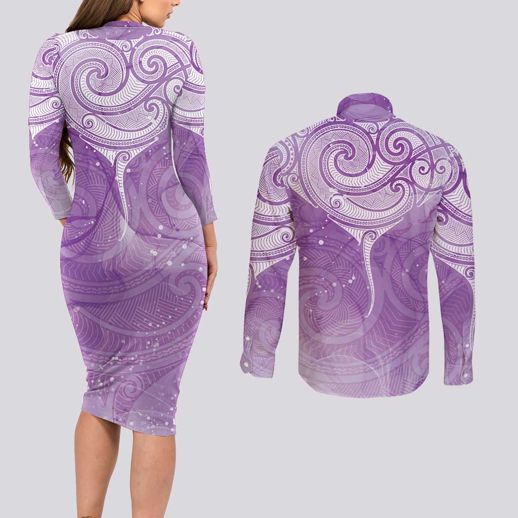 Epilepsy Awareness Maori Aotearoa Couples Matching Long Sleeve Bodycon Dress and Long Sleeve Button Shirt Manta Ray - Purple Glaze - Aussie Hoodie