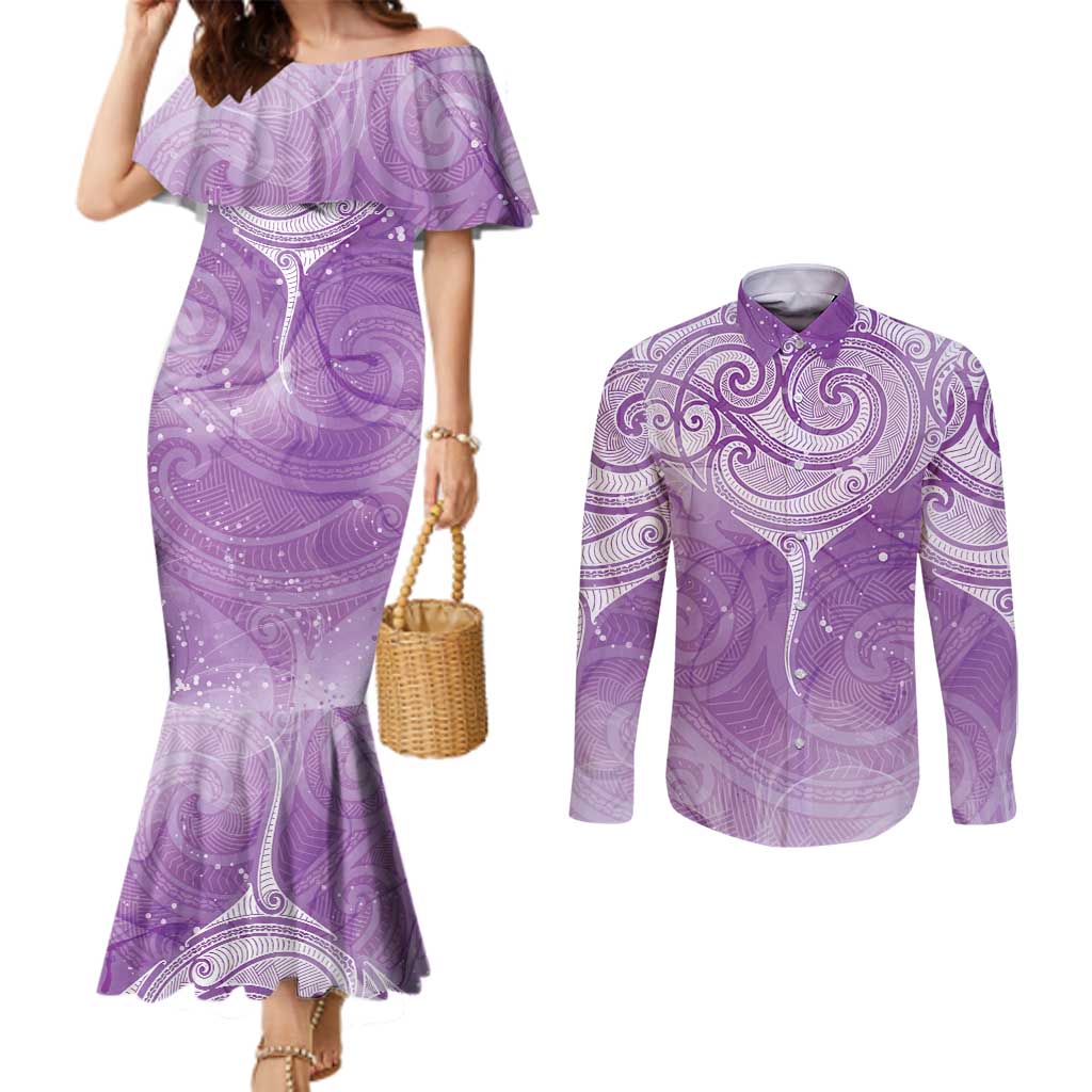 Epilepsy Awareness Maori Aotearoa Couples Matching Mermaid Dress and Long Sleeve Button Shirt Manta Ray - Purple Glaze - Aussie Hoodie